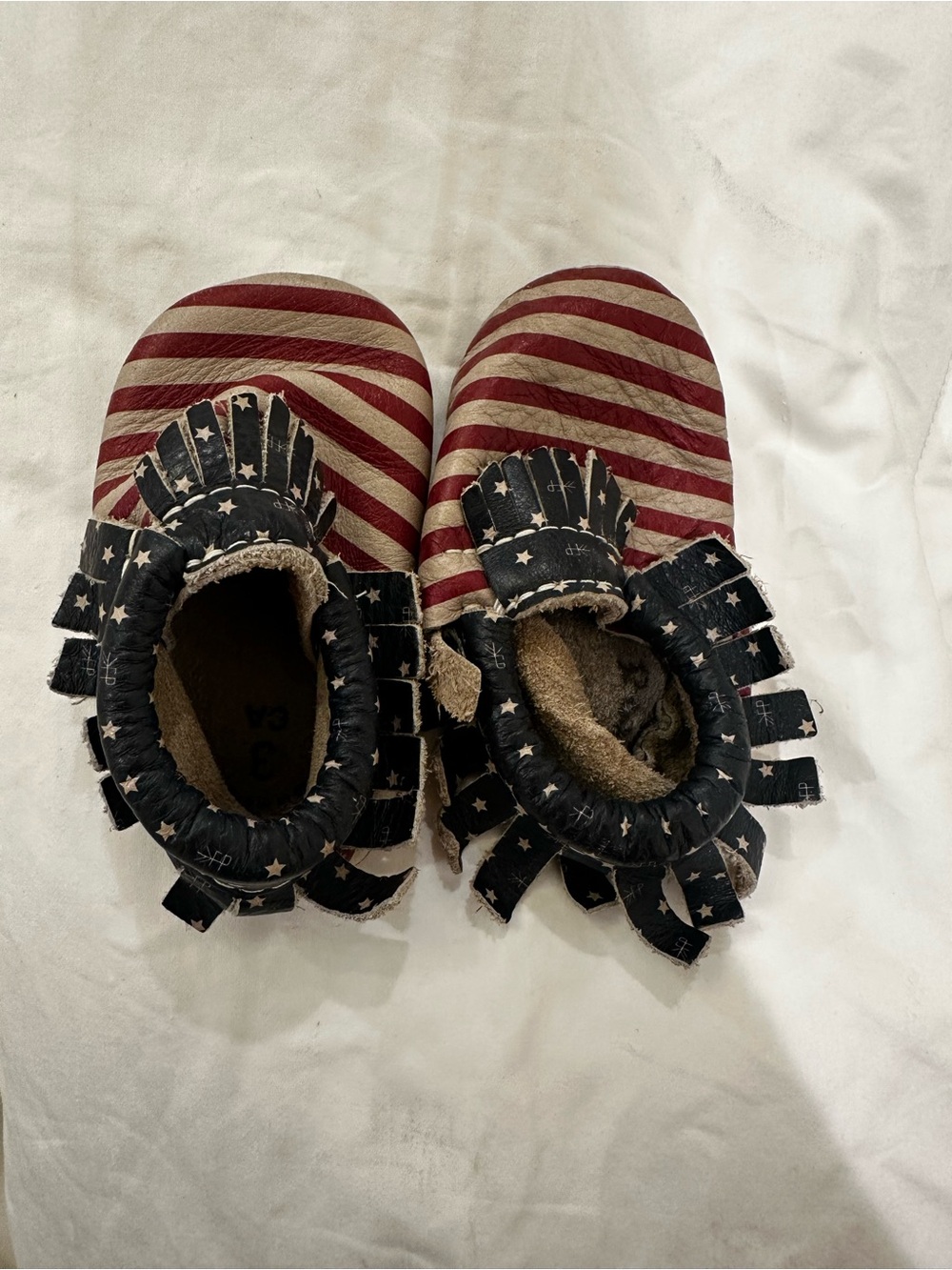 Freshly Picked Red & White Striped Moccasins with Navy Star Fringe